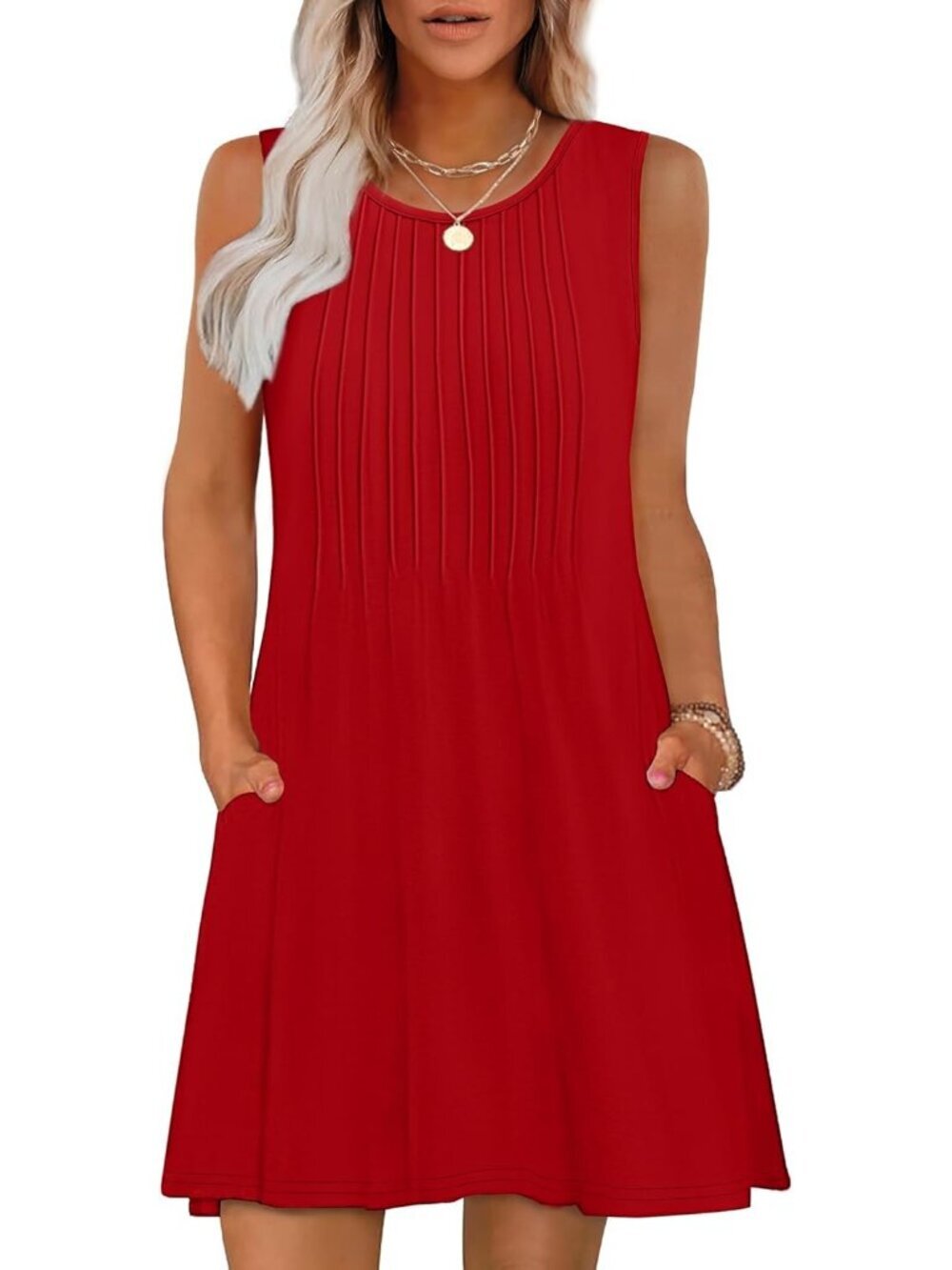 Women's Red Stylish Beach Vacation Casual Crew Neck Sleeveless Sun Mini Dress